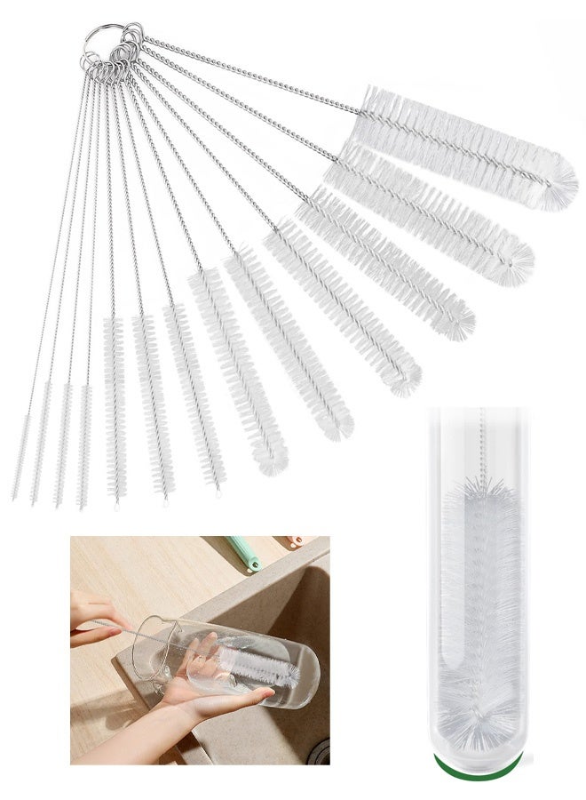 Bottle Cleaning Brushes, 8 Inch Nylon Tube Brush Set, Cleaner for Narrow Neck Bottles Cups with Hook, Set of 13, White - Image 1